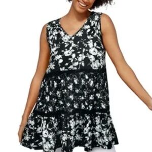 Woman Within Black and White Floral Tiered Tank Top